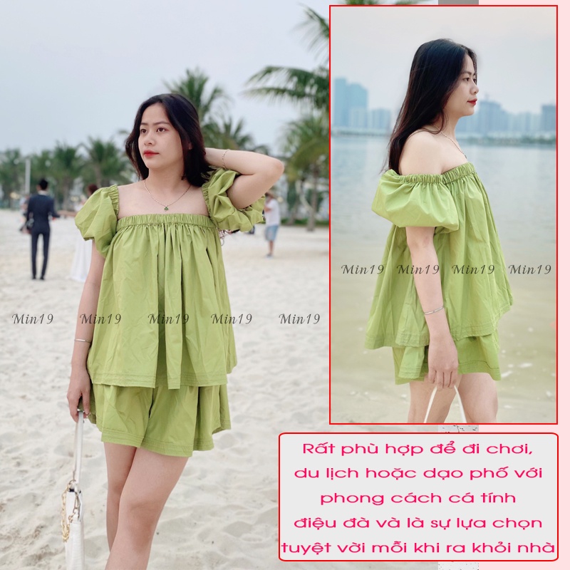 Sét Đồ Nữ MIN19 Bộ Jumpsuit Nữ Tiểu Thư Đi Biển Sang Chảnh Gồm Áo 2 Dây Bigsize Và Quần Short Cá Tính Màu Xanh Nâu Hồng