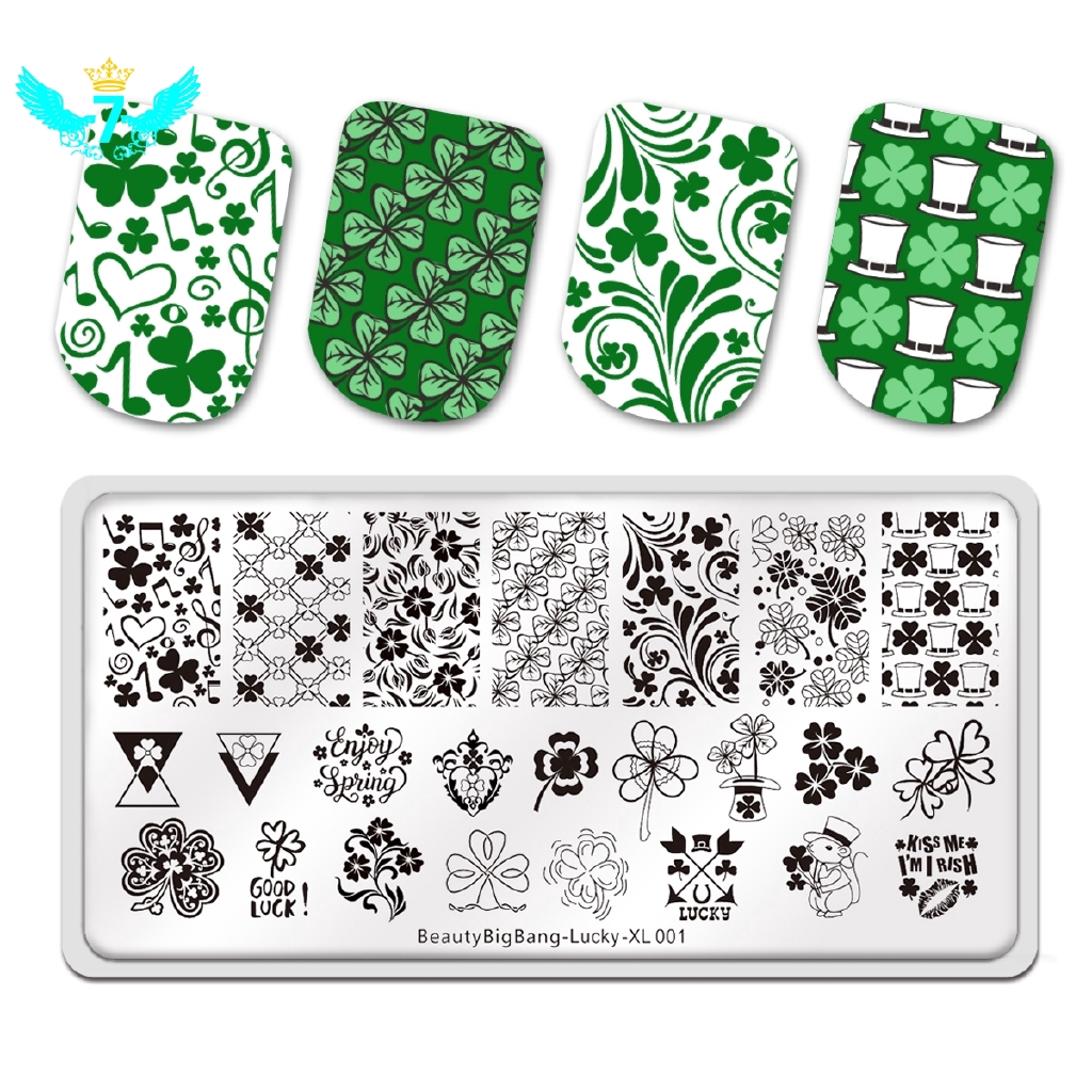 BEAUTYBIGBANG Lucky XL-001 Rectangle Nail Stamping Plate St. Patrick's Day Four-leaf clover lucky Theme Manicure Nail Art Image Template Manicure Stencils Tool CEP