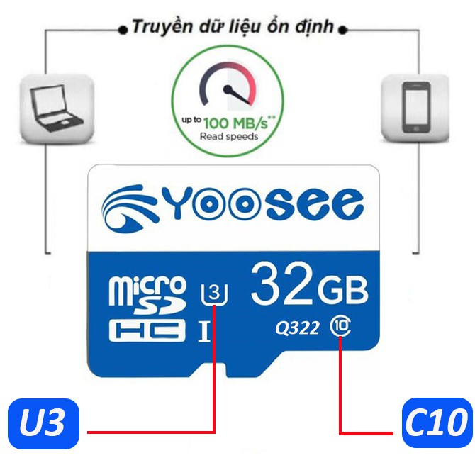 Thẻ nhớ Yoosee 32GB tốc độ cao up to 100MB/s hỗ trợ quay video full HD, video 2K, video 4K | BH 60 Tháng