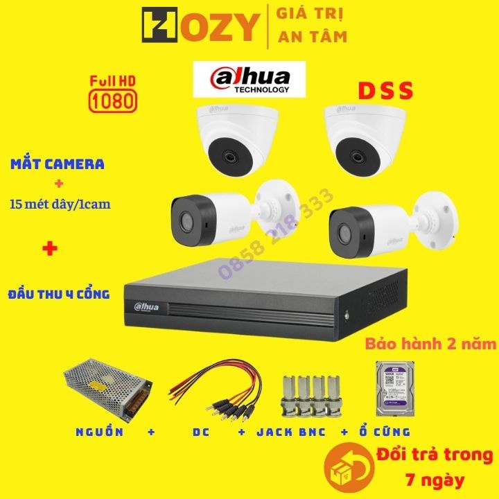 [Mã ELHAMS5 giảm 6% đơn 300K] Bộ đầu thu 4 camera DAHUA FullHD 1080p ổ cứng tới 2TB, tặng mỗi camera 15m dây