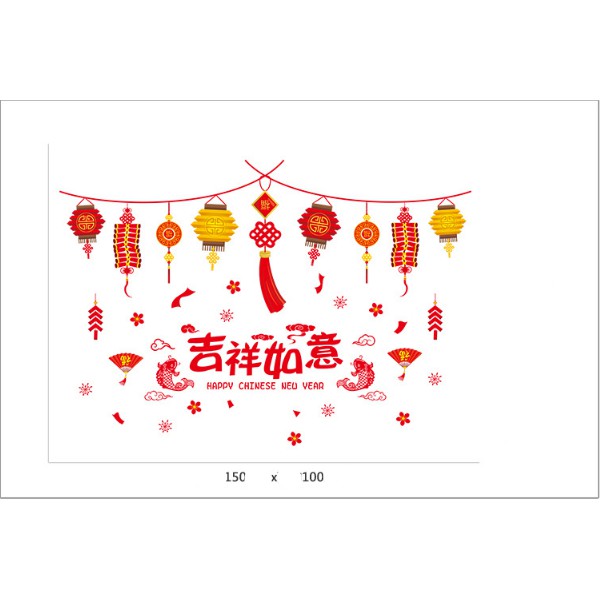 Decal trang trí tết - Dây Lồng đèn Vàng Đỏ kèm chữ