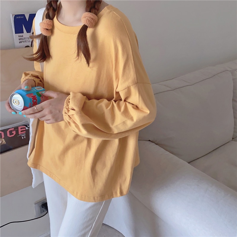 SUXI Áo Sơ Mi Tay Dài Phồng Cổ Tròn Màu Trơn Đơn Giản Thời Trang Mùa Thu Mới Dành Cho Nữ