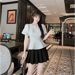 Áo sơ mi nữ dáng peplum tay phồng, áo peplum nữ công sở chiết li eo cao cấp