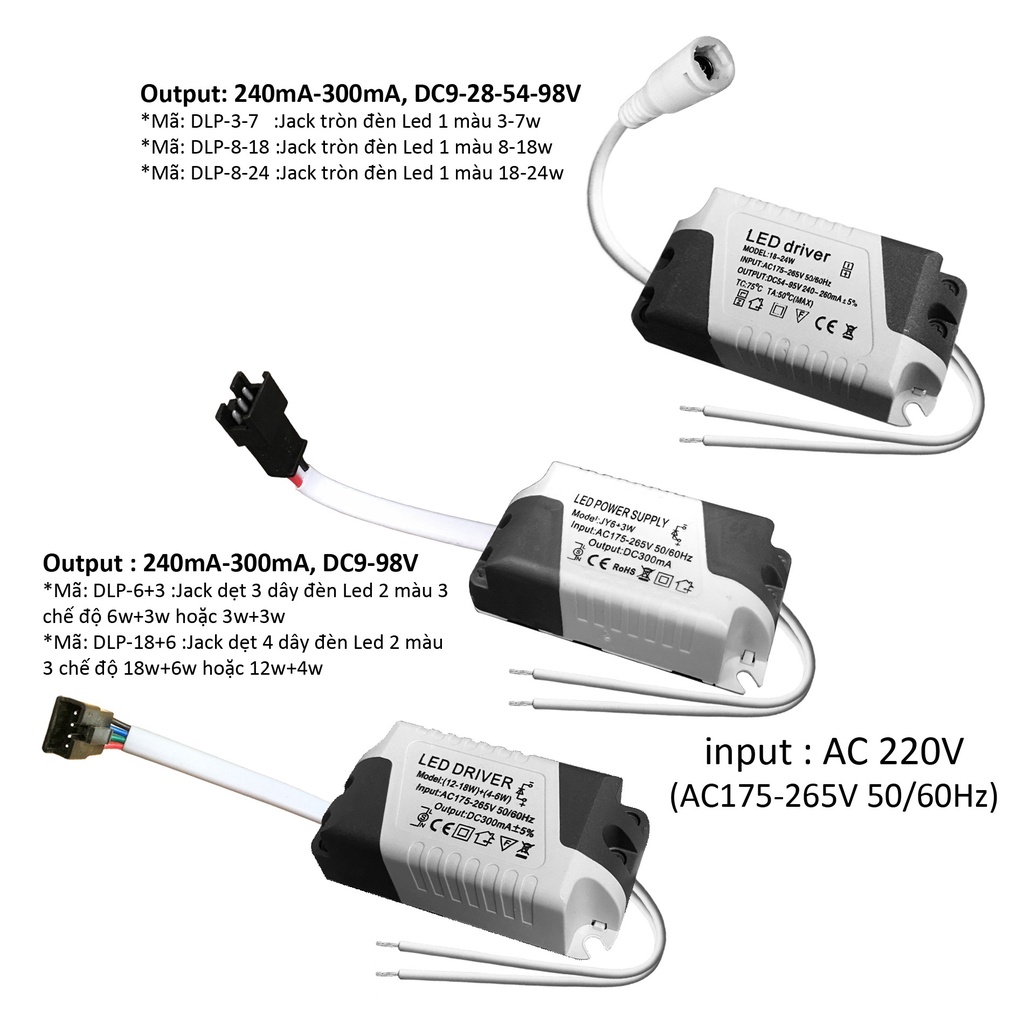 Nguồn driver tăng phô chấn lưu đèn Led trần panel ốp nổi hoặc âm 3w 7w 8w 12w 18w 24w jack tròn hc dẹt