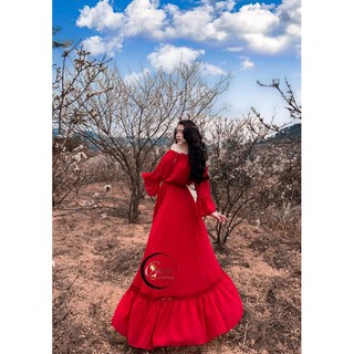 Đầm maxi voan trễ vai