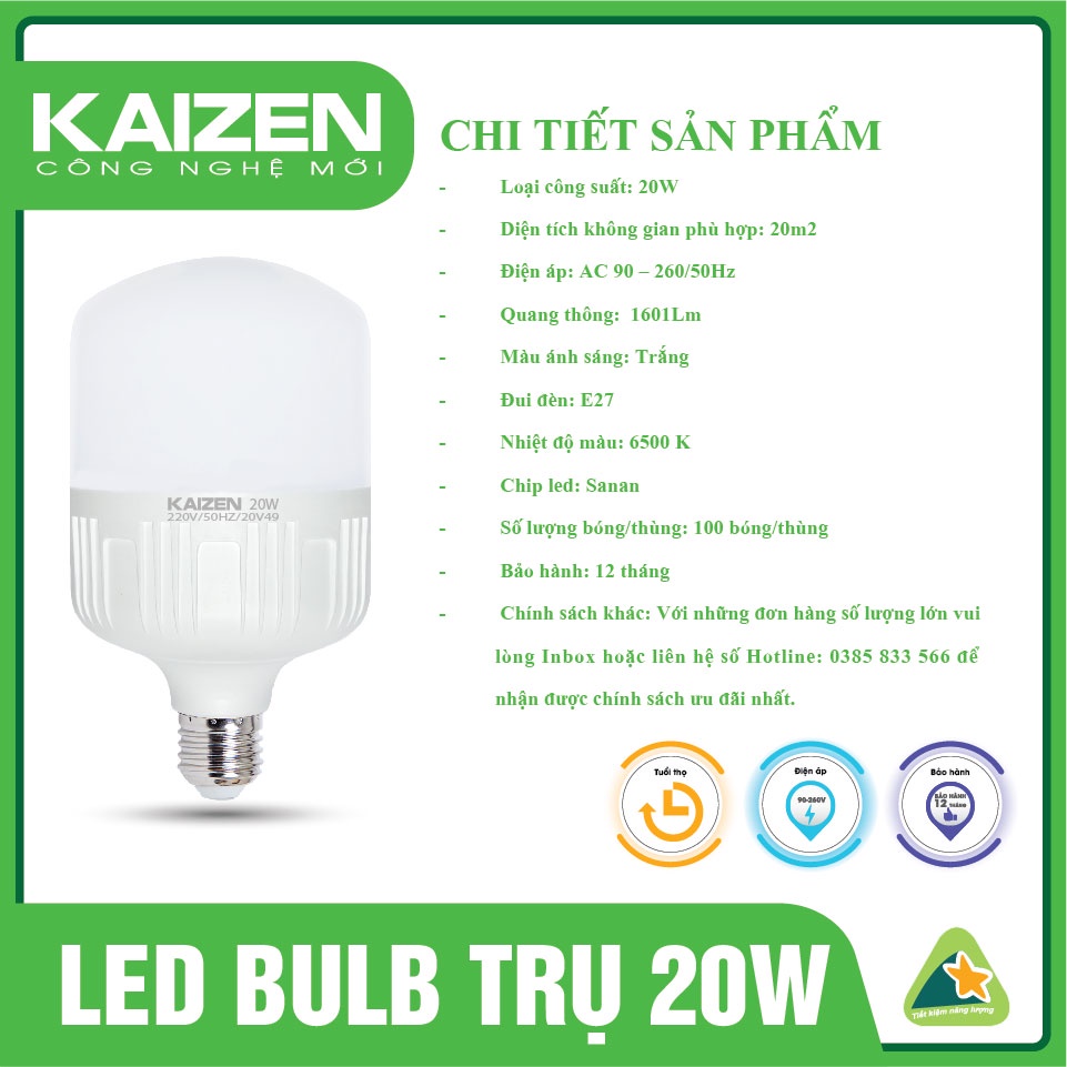 Bóng Đèn Led Trụ Nhựa KAIZEN Siêu Tiết Kiệm Điện Năng, Led Trụ Công Suất Nhỏ