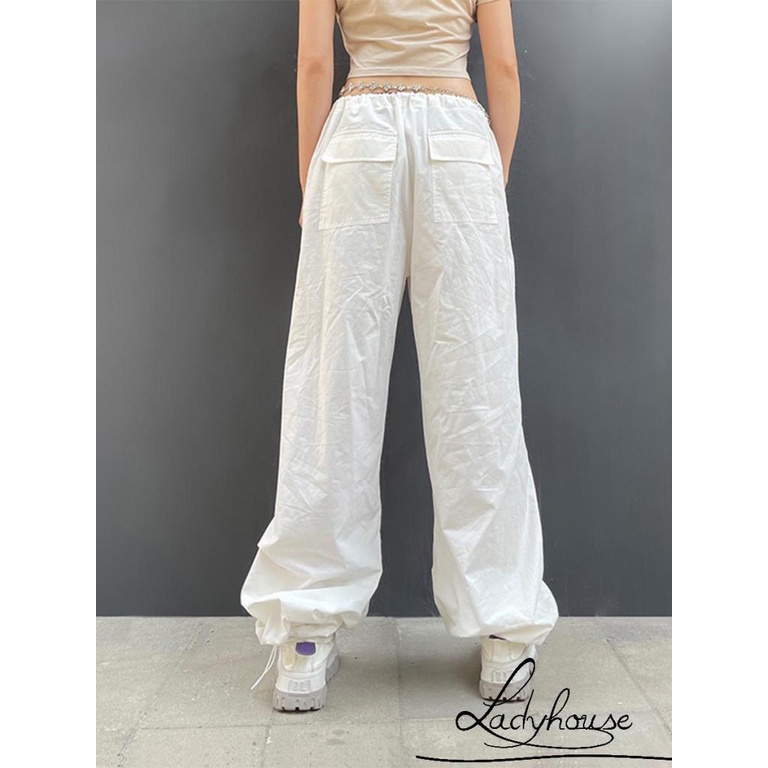 Quần ống rộng Lưng Thun Màu Trơn Có Túi Và Dây Cột Bên Hông Đơn Giản Cho Nữ