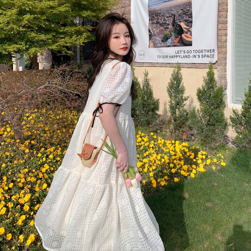 Đầm Dài Tay Phồng Màu Trắng Phong Cách Hàn Quốc Thời Trang Cho Nữ