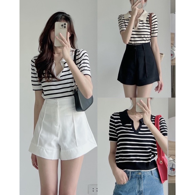 Áo len cổ đức kẻ ngang cộc tay