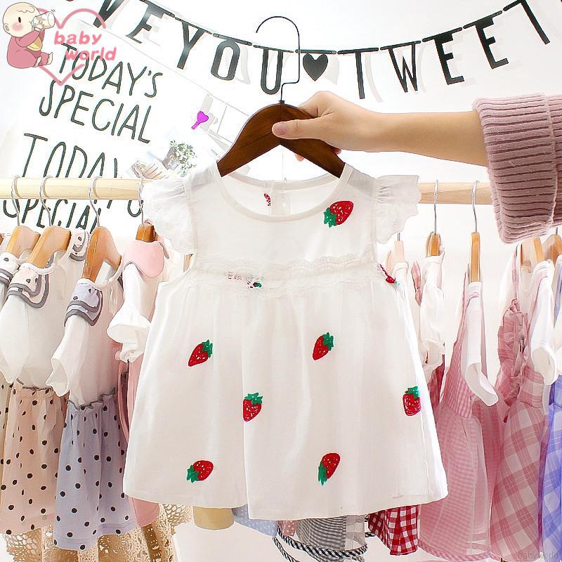 Đầm ngắn tay in hình quả dâu cho bé gái