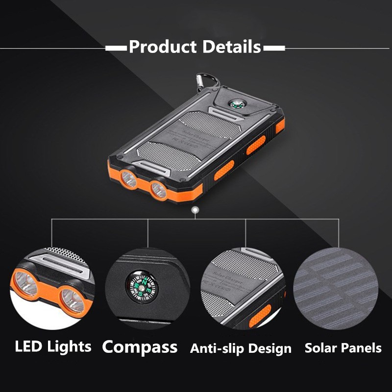 Pin Sạc Dự Phòng 50000mAh Sử Dụng Năng Lượng Mặt Trời Chống Thấm Nước Có 2 Đèn LED Cho Điện Thoại
