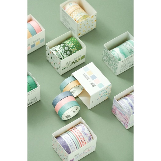 SET 5 CUỘN BĂNG DÁN WASHI TAPE TRANG TRÍ SỔ HOẠ TIẾT DỄ THƯƠNG