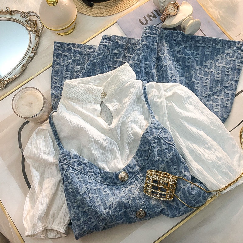 Bộ áo sơ mi + váy yếm denim thời trang phong cách mùa hè cho nữ