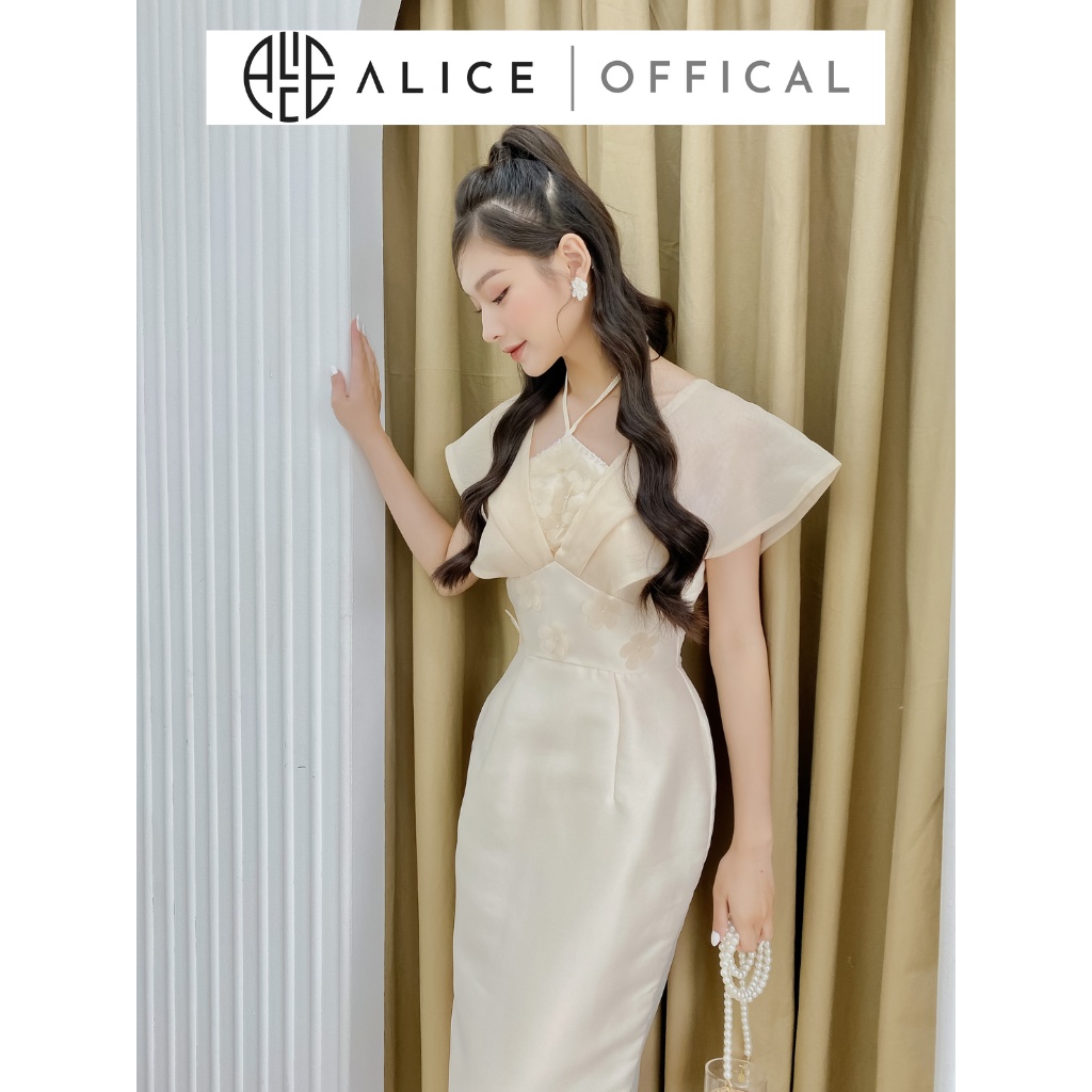 Váy Tiểu Thư Cổ Yếm Đính Hoa Nổi Phối Tơ Óng ALICE Thiết Kế Dáng Váy Bút Chì Dịu Dàng Sang Chảnh CHất Vải Mềm Mịn V868
