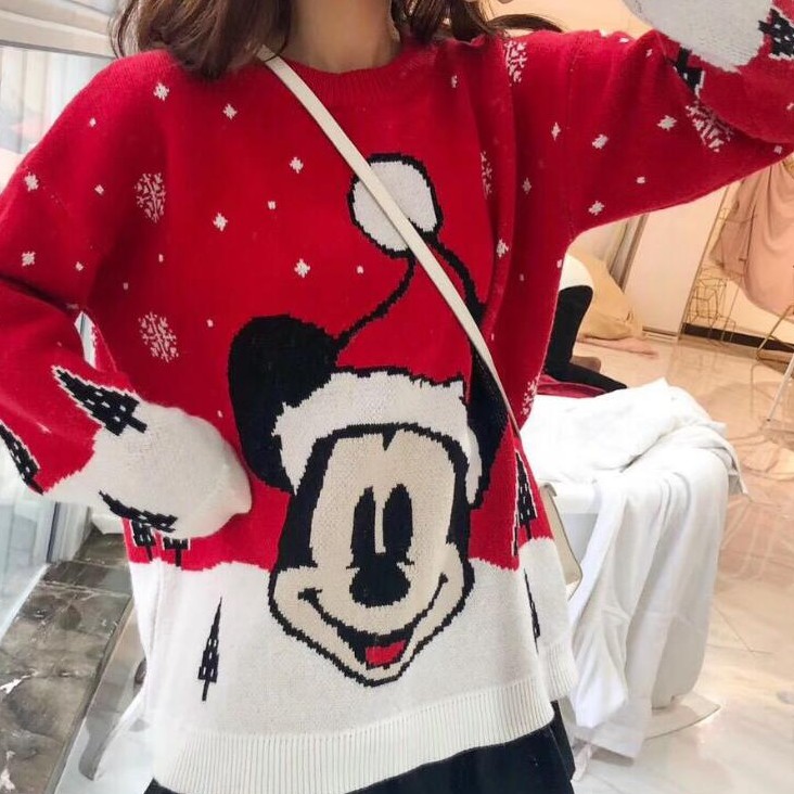 Áo sweater cổ tròn hoạ tiết chuột Mickey phong cách Giáng Sinh