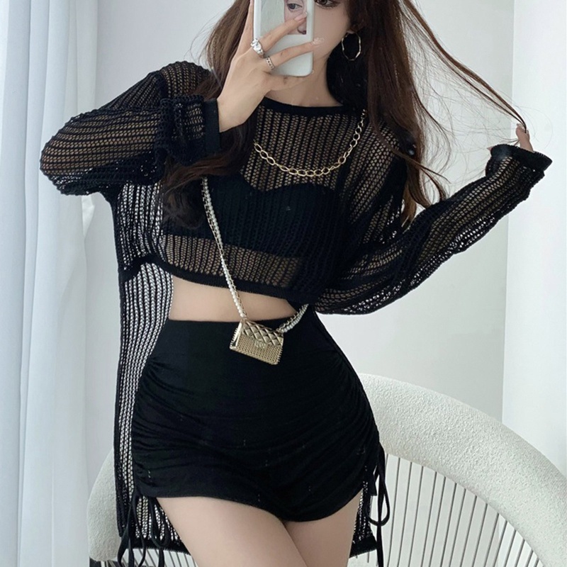 Áo Thun Dệt Kim Tay Dài Dáng Rộng Khoét Lỗ Thời Trang Quyến Rũ Cho Nữ