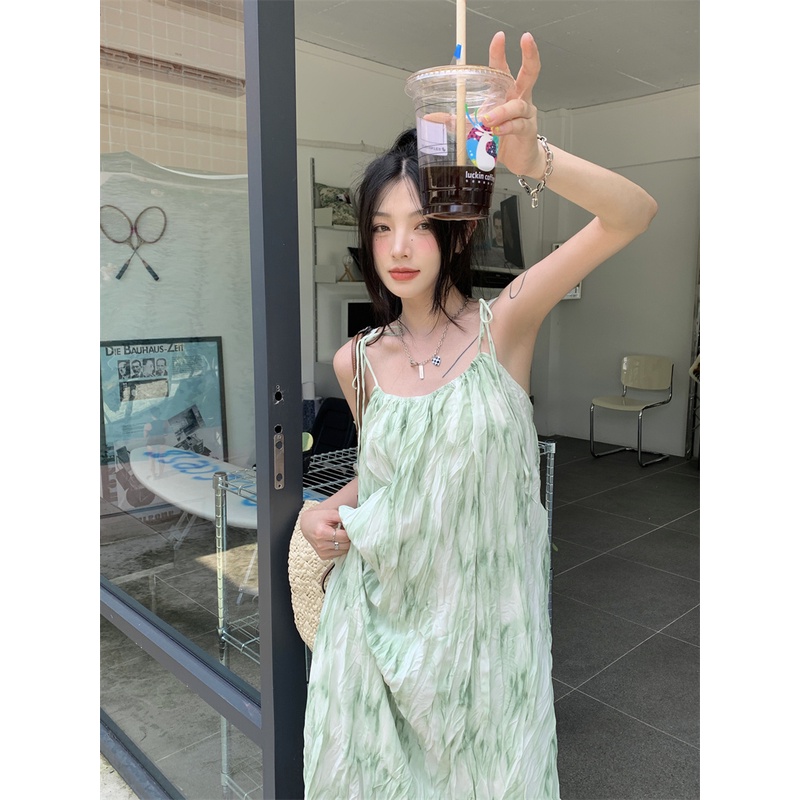 Đầm đi biển 2 dây không tay phong cách Pháp thời trang mùa hè dành cho nữ