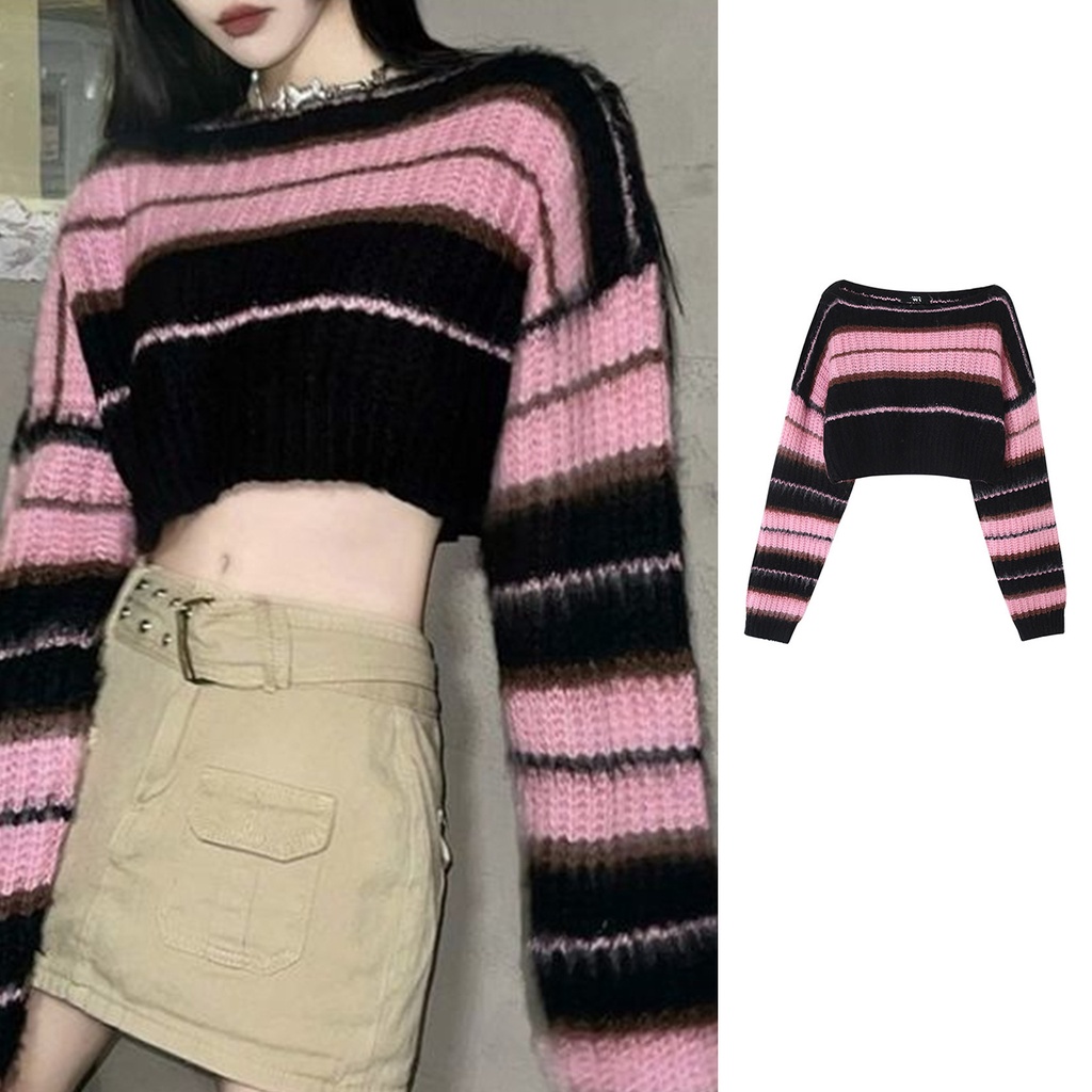 Áo Croptop Dệt Kim Hoạ Tiết Kẻ Sọc Màu Đen Hồng 10MK