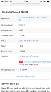Điện Thoại Apple Iphone 6 ( 1GB/128GB ). Hàng cũ đẹp 90-95%