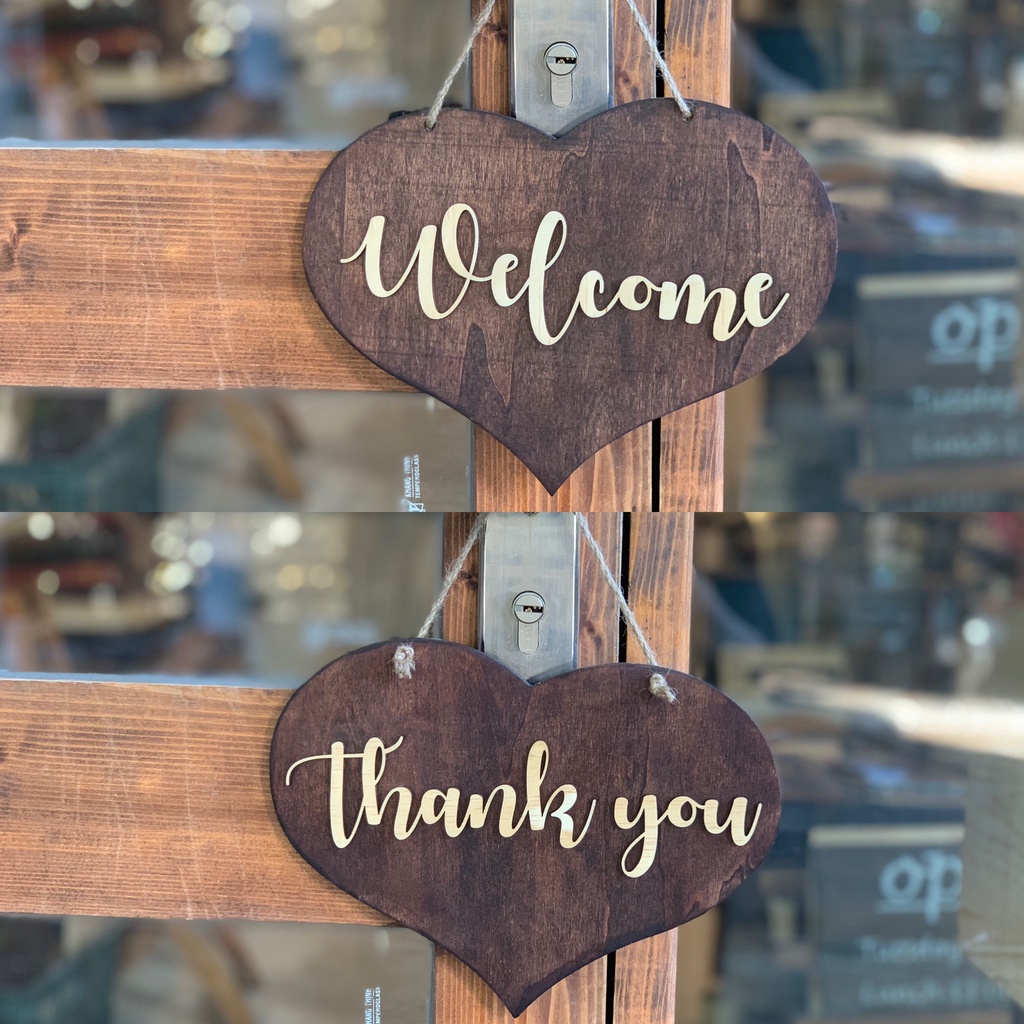 Bảng gỗ treo cửa 2 mặt Welcome-Thank you trái tim