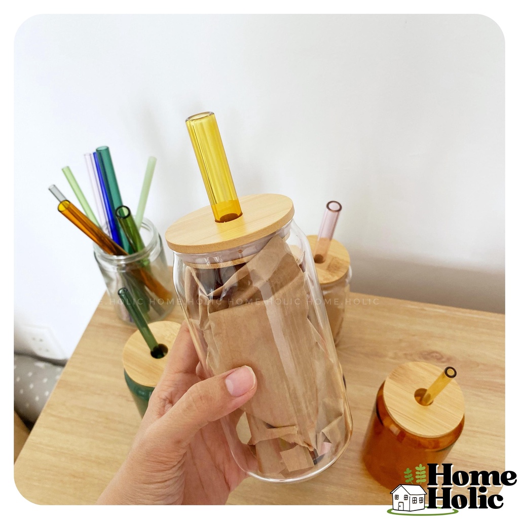 Bình Thuỷ Tinh Có Nắp Gỗ Tre  Borosilicate  Dáng Lon Nước Glass Can Nhiều Màu 380ml - 400ml Home Holic