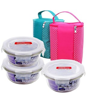 BỘ 3 HỘP THỦY TINH LOCK AND LOCK (KÈM TÚI GIỮ NHIỆT), CÁC DUNG TÍCH: 380 ML x2, 600 ML x1