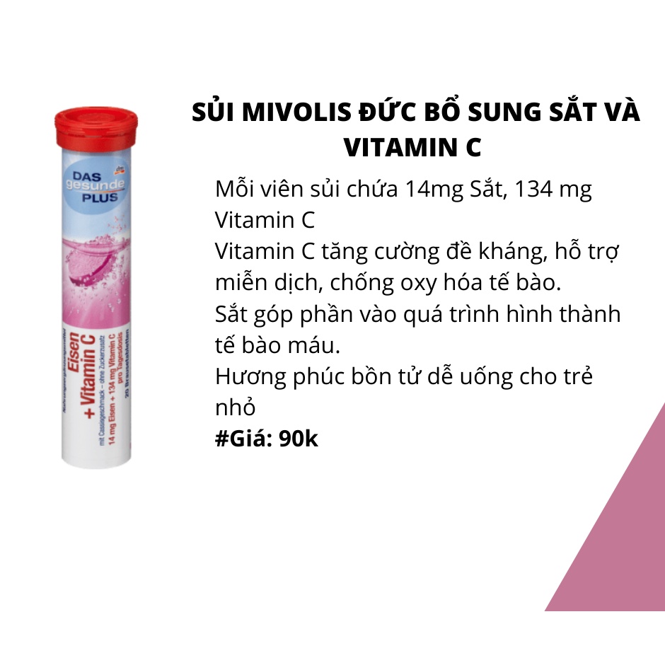 Viên sủi bổ sung Sắt Vitamin C Mivolis Eisen + Vitamin C ống 20 viên Nội Địa Đức