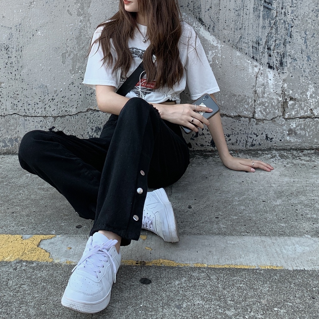 Xiaozhainv Quần Jean Ống Suông Xẻ Tà Thời Trang Retro Hàn Quốc Dành Cho Nữ