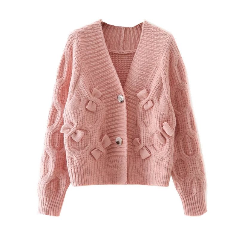 Áo khoác cardigan dệt kim ngắn dáng rộng đính nơ phong cách thu đông mới 2021 thời trang