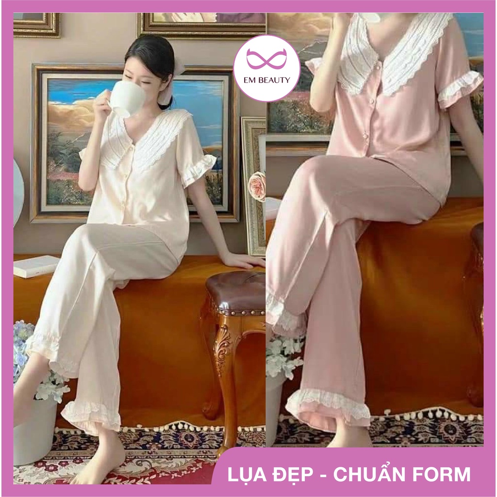 Bộ ngủ lụa nữ,pyjama mặc nhà áo cộc quần dài cổ ren tiểu thư chất lụa latin satin freesize 45-60kg, phù hợp mẹ sau sinh