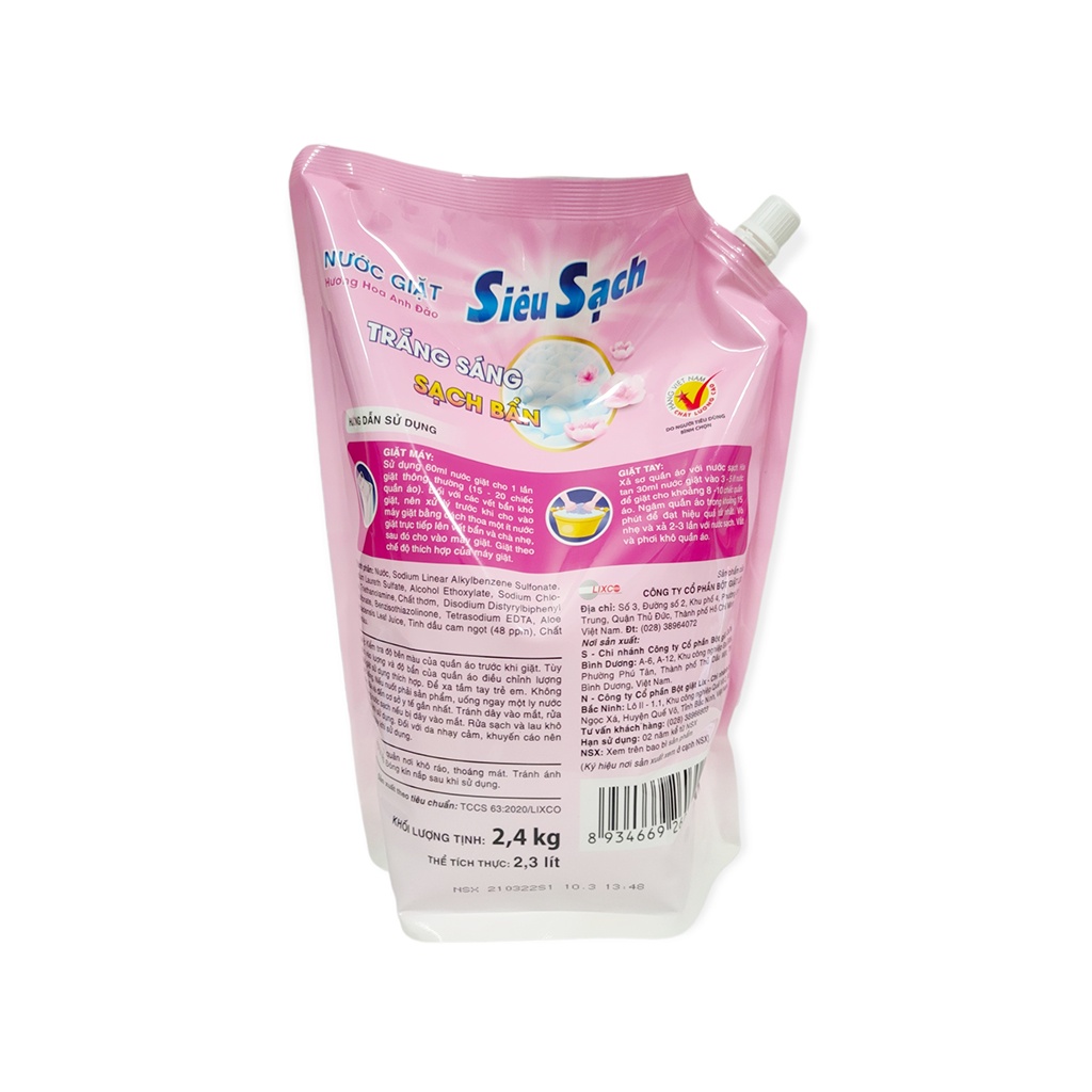 Nước Giặt LIX Siêu Sạch Hương Hoa Anh Đào Túi 2,4Kg Dùng Cho Máy Giặt Và Giặt Tay