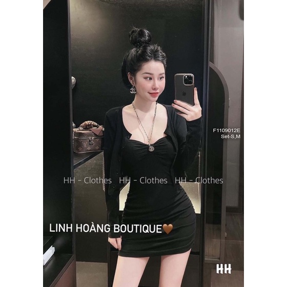 Set áo khoác tay dài phối đầm body cúp ngực phối dây xích cột cổ yếm!