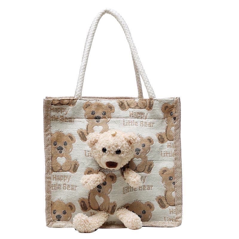 Túi cối mini size 21 kèm gấu teddy- có khoá - phong cách vintage(gấu 02)