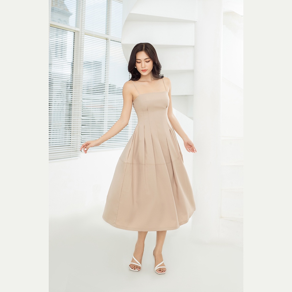 Đầm xòe hai dây xếp li eo 2 lớp thiết kế thời trang Eden dáng dài dây kéo sau lưng có lót túi  - D469