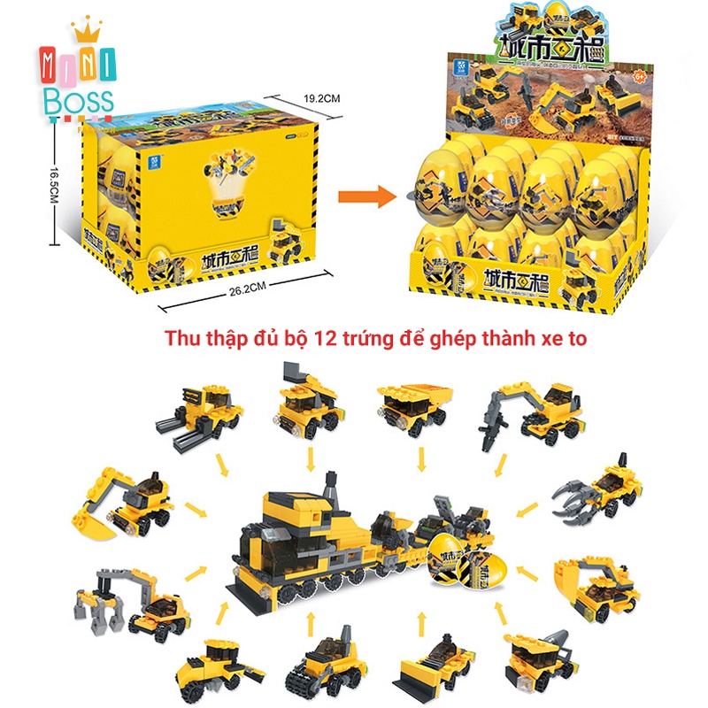 Đồ chơi lego trong trứng xếp hình khủng long, xe công trình, động vật | Trứng lego xếp hình ngộ nghĩnh MiniBoss