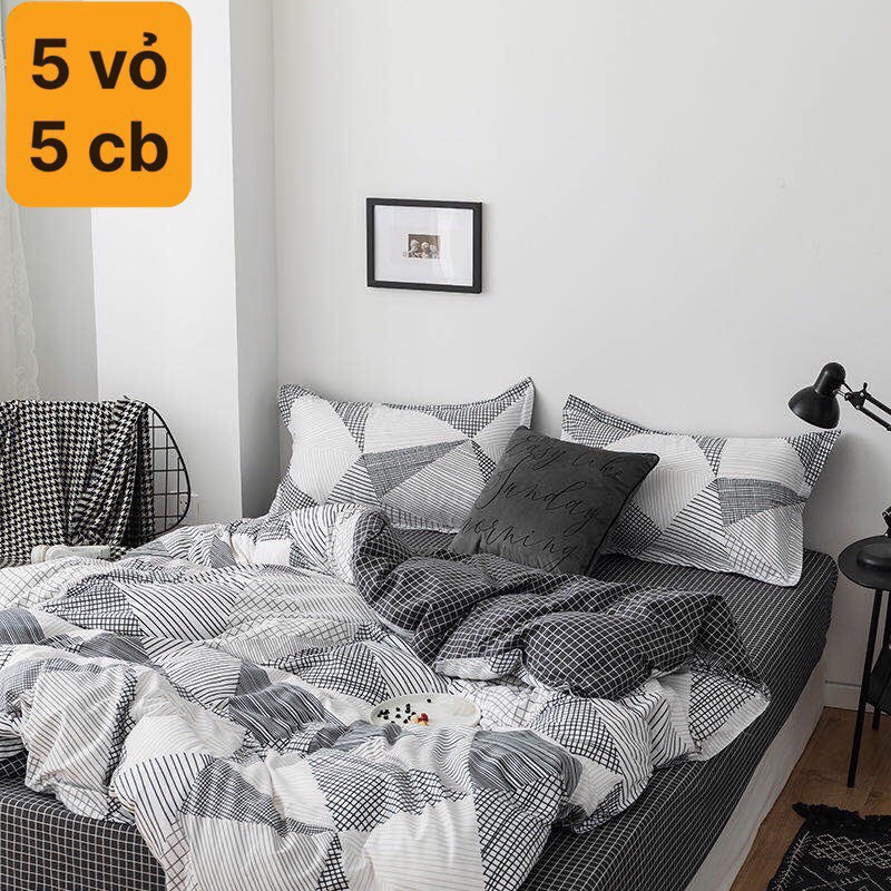 Bộ chăn ga gối Cotton poly M2T bedding gồm vỏ chăn mền, drap ga giường và 2 vỏ gối - Pl kẻ lưới