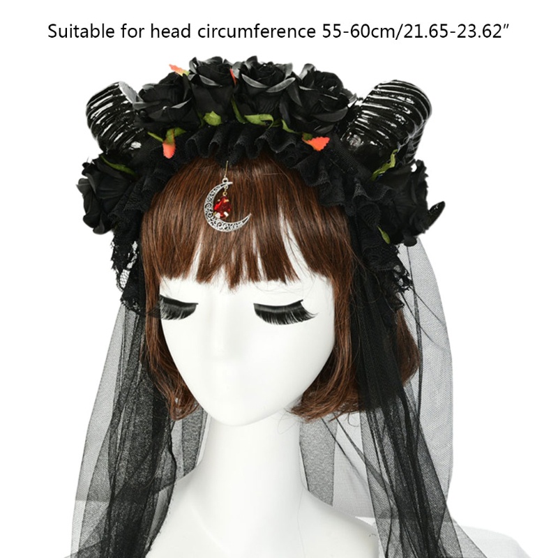 Băng Đô Cài Tóc Hình Sừng Cừu Hoa Hồng Đen Phối Mạng Che Mặt Phối Lưới Dài Hóa Trang Lễ Halloween