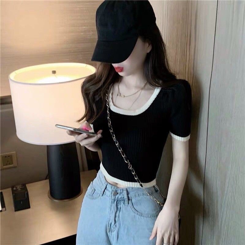 Áo kiểu thun gân phối viền