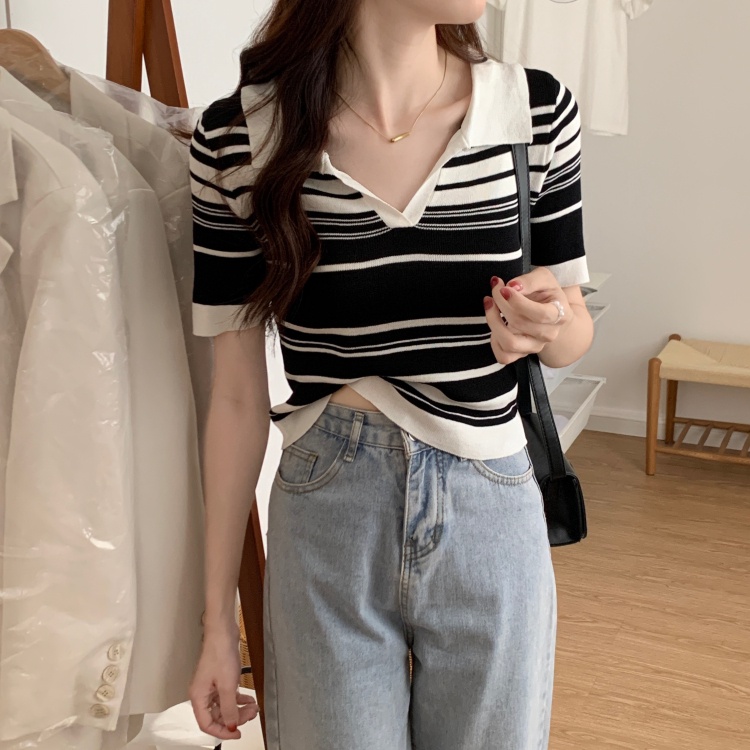 Áo thun ZHELIHANGFEI cổ polo tay ngắn họa tiết sọc ngang thời trang dành cho nữ