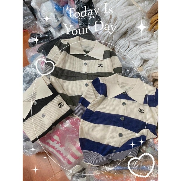 Áo len lưới cổ bẻ phối kẻ ngang 3 màu, Hàng Quảng Châu loại 1