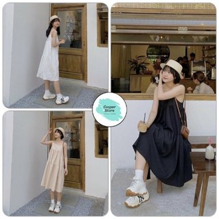 Váy Hai Dây Babydoll 3 Tầng Dáng Suông ⚡ Casper.Store | FREESHIP | ⚡  Đầm hai dây nữ dáng suông 3 màu trơn Basic