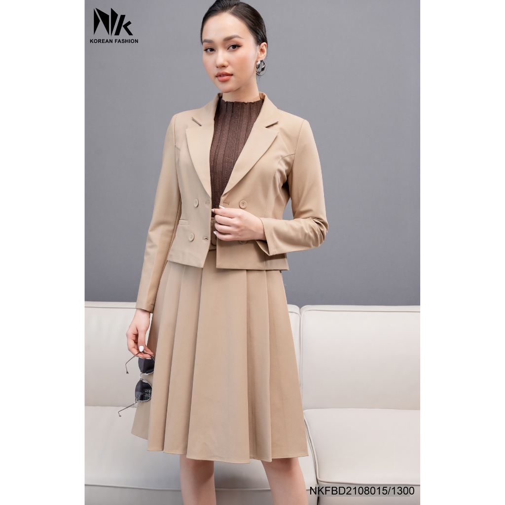 Bộ Vest Nữ Công Sở NK Fashion Tay Dài Kết Hợp Chân Váy Xòe Xếp Ly, Chất Liệu Hàn Cao Cấp NKFBD2108015