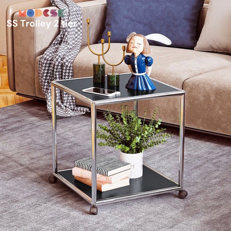 Modesk SS Trolley 2 tier inox 304, kính cường lực, khung thép không gỉ [phòng khách, phòng ngủ]