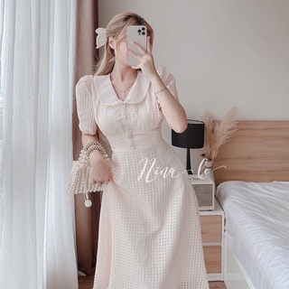 Đầm cổ sen tay ngắn nút bọc