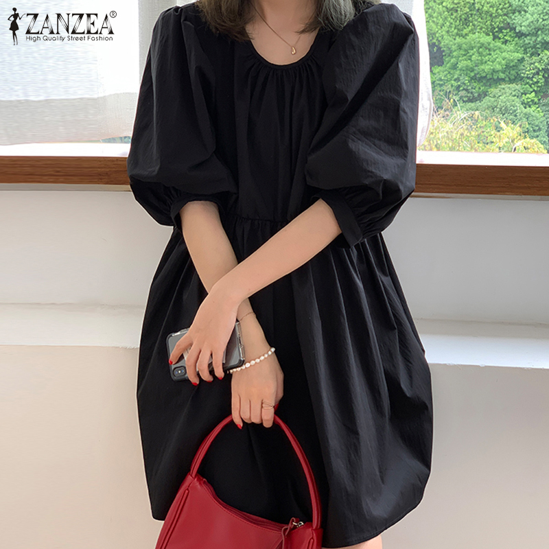 Đầm ZANZEA Ngắn Tay Cổ Tròn Xếp Ly Thời Trang Nữ Dễ Thương