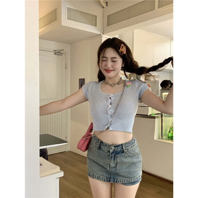 Cocory vn Áo Cardigan Croptop Dệt Kim Tay Ngắn Cổ Vuông Màu Đỏ Hồng Thời Trang Mùa Hè Quyến Rũ Cho Nữ