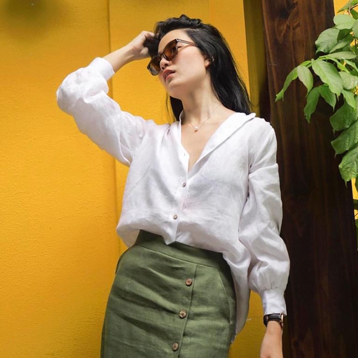 Áo sơ mi công sở nữ dài tay cổ tầu Linen tưng Premium sang trọng trẻ trung - Trắng