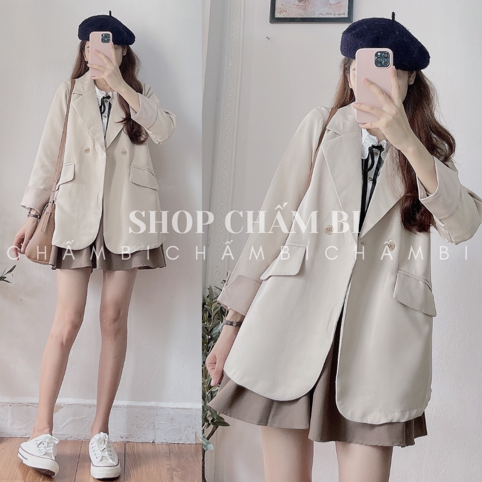 ■Áo blazer nữ dài tay A.244, khoác cổ vest 1 lớp gập gấu pha be vạt bo tròn style Hàn Quốc