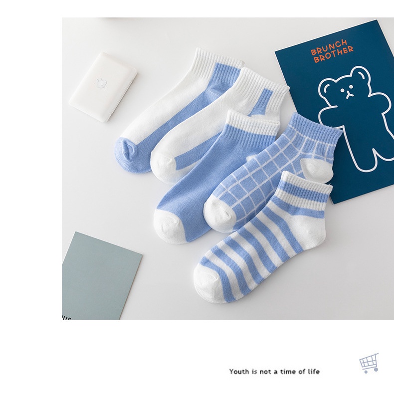 Tất nữ vớ cổ ngắn set 5 đôi kẻ sọc cute phong cách Hàn Quốc trẻ trung chất liệu co giãn thoáng mát