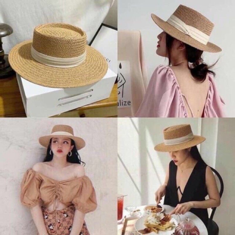 Mũ cói đi biển cao cấp vành rộng Vintage Hàn Quốc - Nón cối du lịch dạo phố sang chảnh form cứng cáp